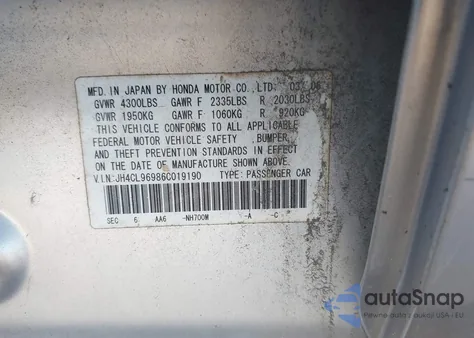 2006 Acura Tsx from USA, damaged, VIN JH4CL96986C019190